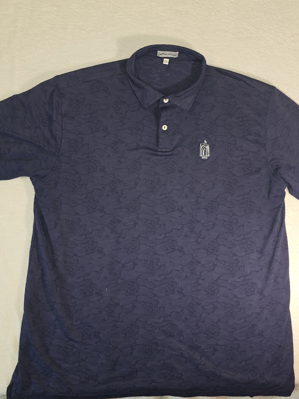 Peter Millar Mens XL Navy Blue Skull Camo Olympia Fields 1915 Course Polo